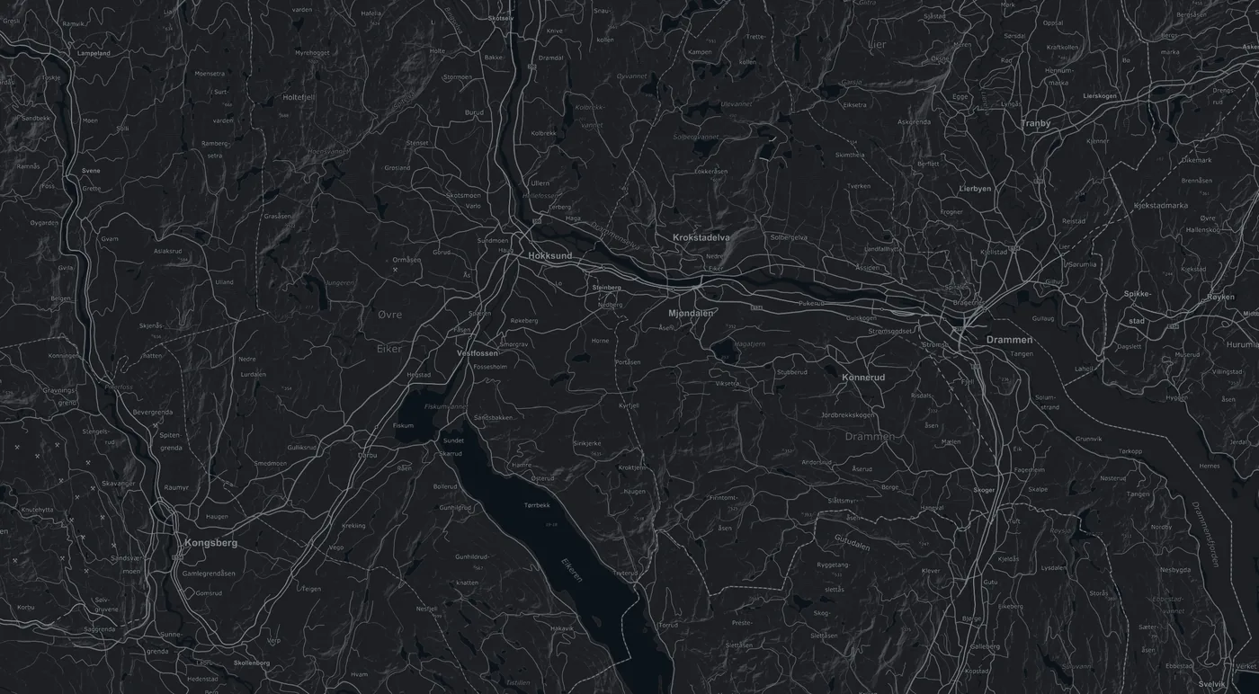 Kart over området fra Kongsberg til Lier, med veiene fra Renergi Infra på Lierstranda til Lier, Drammen og Kongsberg